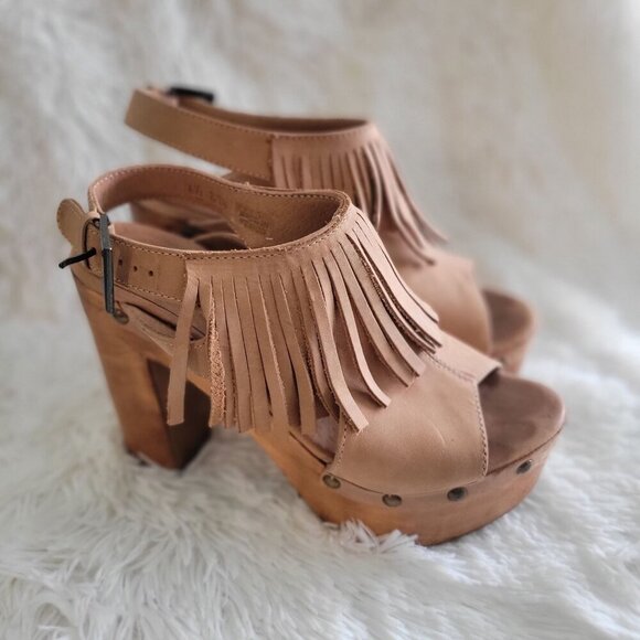 Five Worlds by Cordani Tijuana Tan Fringe Platform Sandals Wooden Heels EU 36.5 - Picture 4 of 10